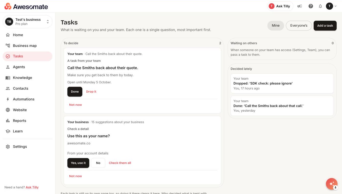 Tasks: what is waiting on you and your team, one card each