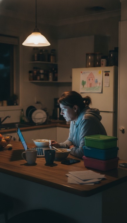 A small business owner working on a laptop at her kitchen bench late at night