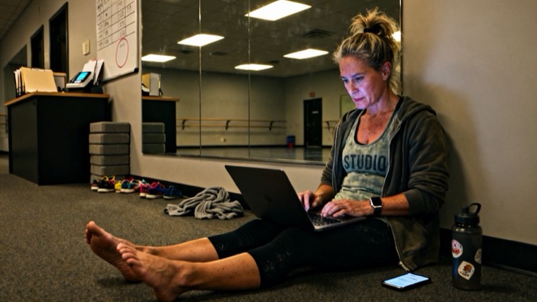 A dance-studio owner sitting on the studio floor at night, answering messages on a laptop