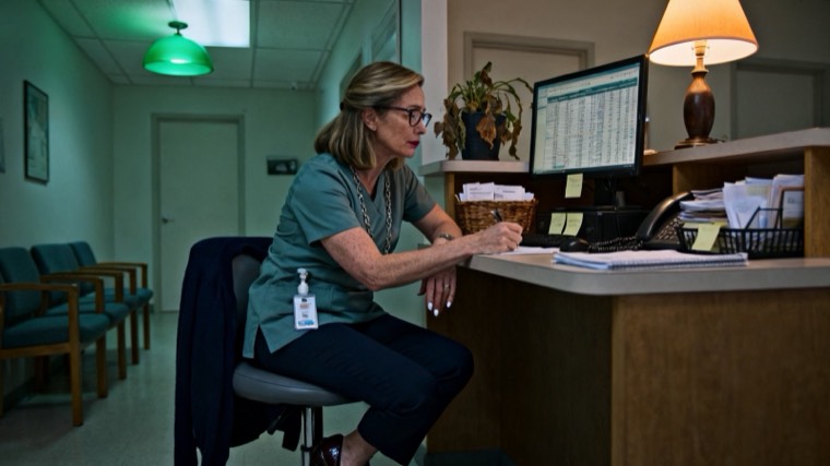 A clinic owner at an empty reception desk in the evening