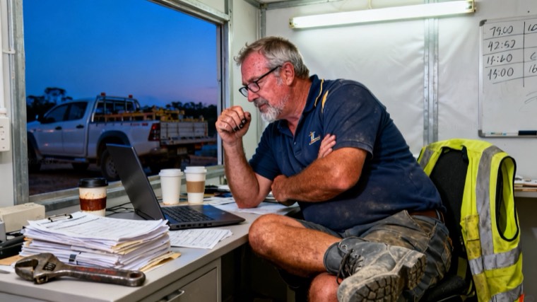 A trades owner doing paperwork in a site office in the evening