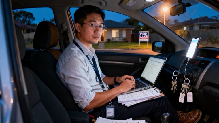 A property manager working on a laptop in his car