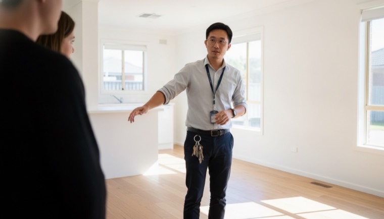 A property manager walking buyers through an empty living room