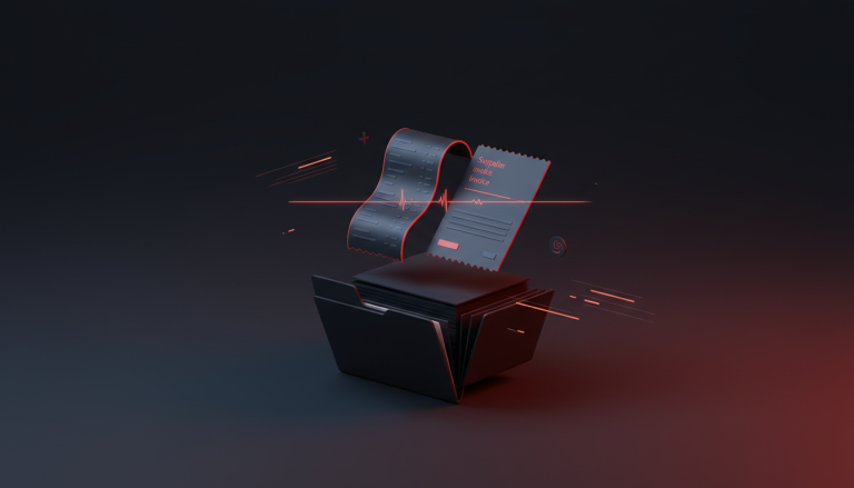 A receipt and a supplier invoice being scanned by a glowing line and filed into a dark folder